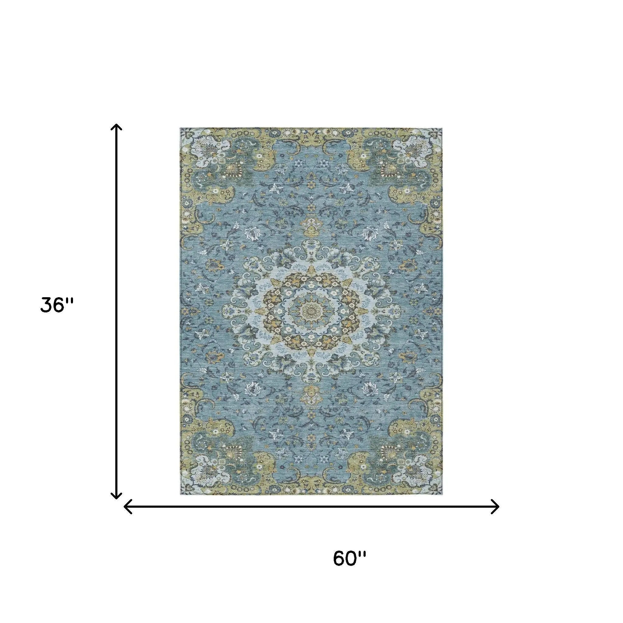 3' X 5' Teal Blue And Gold Floral Medallion Washable Indoor Outdoor Area Rug Homeroots Outdoor